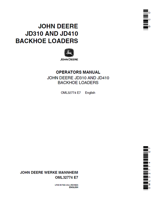 John Deere OML32774 JD310 JD410 Backhoe Loader Operator Manual PDF