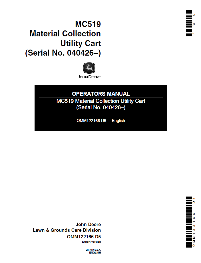 John Deere OMM122166 MC519 Material Collection Cart Operator Manual PDF
