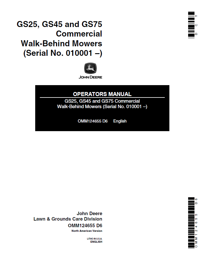 John Deere OMM124655 GS25 GS45 GS75 Walk Behind Mower Manual PDF