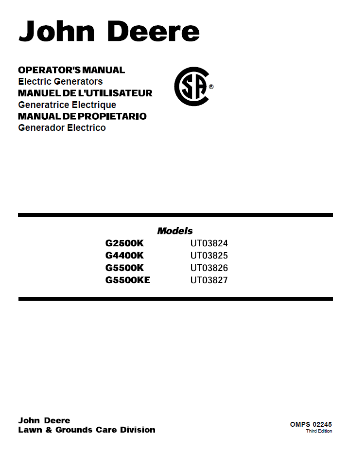 John Deere OMPS02245 G2500K G4400K G5500K Generator Operator Manual PDF