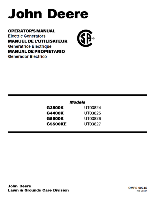 John Deere OMPS02245 G2500K G4400K G5500K Generator Operator Manual PDF