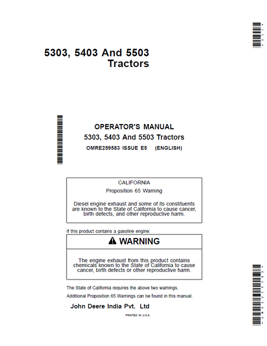 John Deere OMRE259583 5303 5403 5503 Tractor Operator Manual