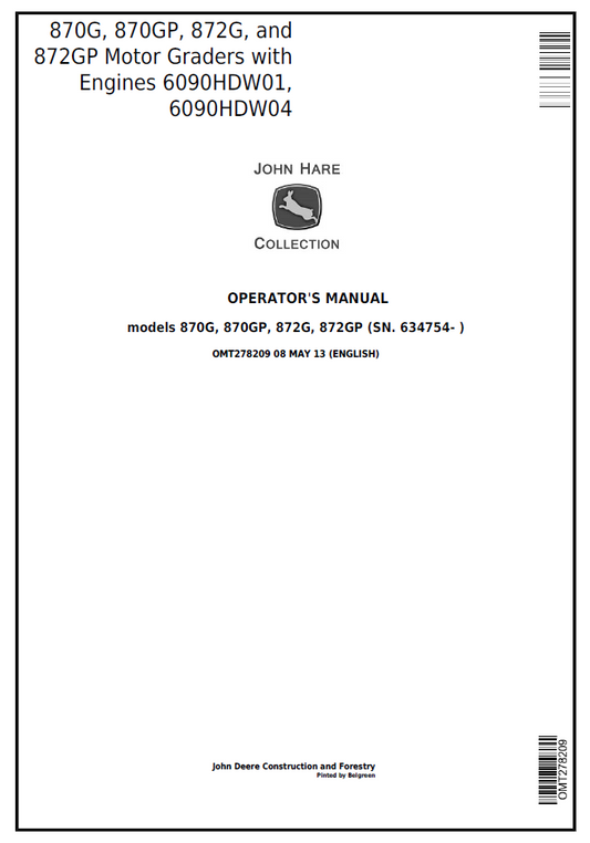 John Deere OMT278209 870G 870GP 872G 872GP Motor Grader Operator Manual