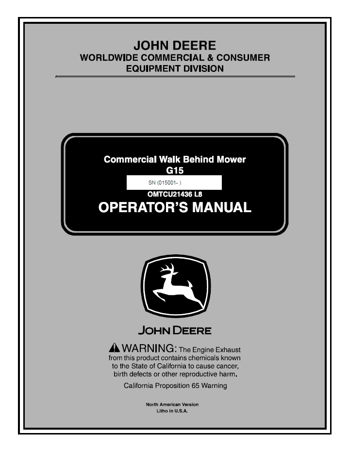 John Deere OMTCU21436 G15 Walk Behind Mower Operator Manual PDF