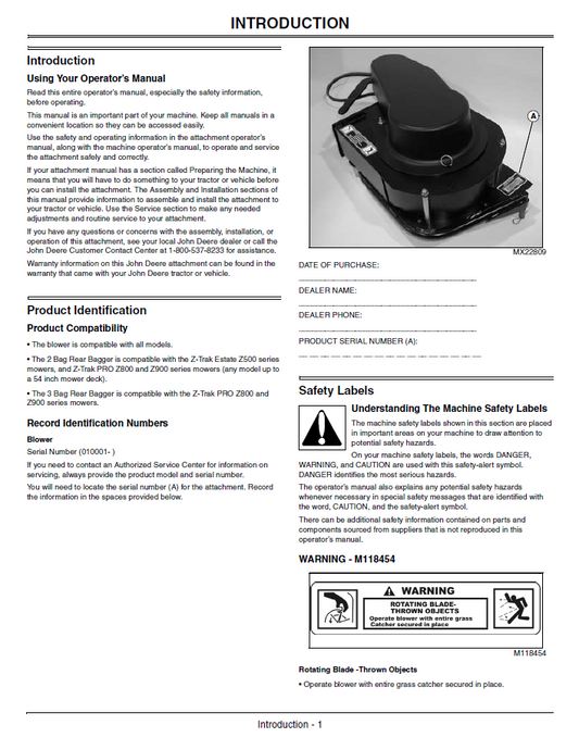 John Deere OMTCU24344 Blower and Rear Bagger Collection System Manual