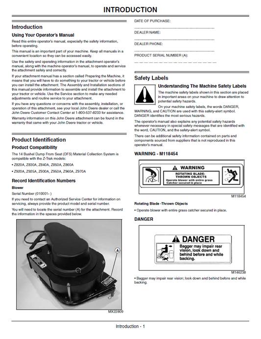 John Deere OMTCU25046 Blower Rear Hopper Dump Operator Manual