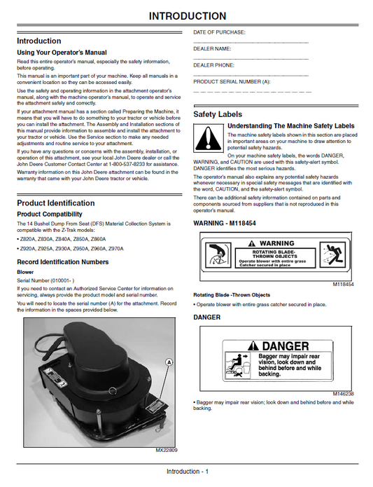 John Deere OMTCU25046 Blower and 14 Bushel Rear Hopper Operator Guide