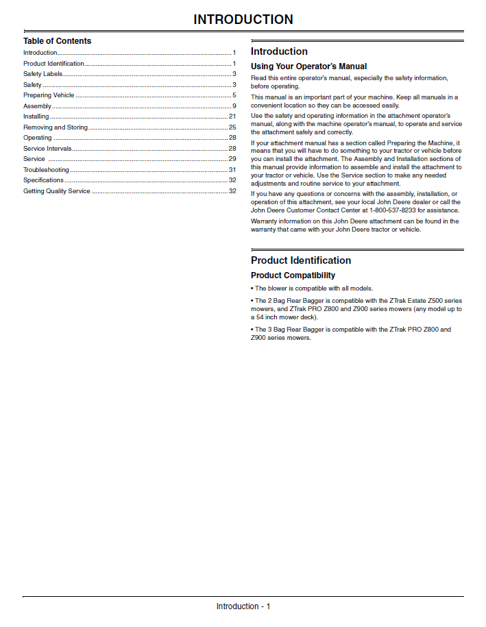John Deere OMTCU29191 2 & 3 Bag Material Collection System Manual Guide