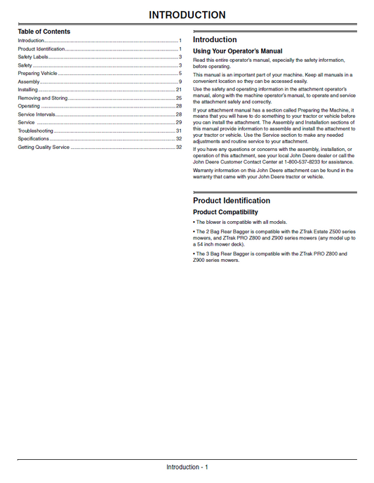 John Deere OMTCU29191 2 & 3 Bag Material Collection System Manual Guide
