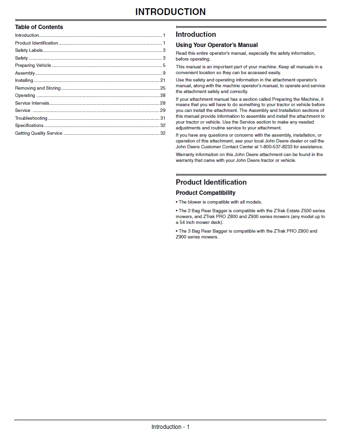 John Deere OMTCU29191 Blower and Rear Bagger Material Collection System Manual