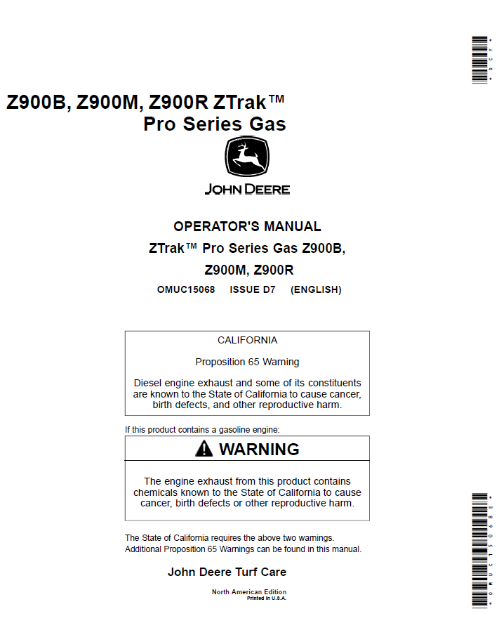 John Deere OMUC15068: Z900B, Z900M, Z900R ZTrak Gas Mower Manual
