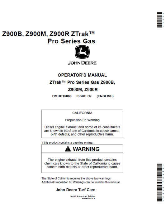 John Deere OMUC15068: Z900B, Z900M, Z900R ZTrak Gas Mower Manual