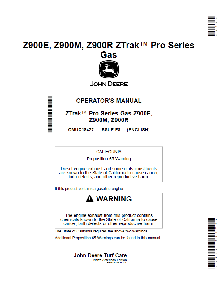 John Deere OMUC18427: Z900E, Z900M, Z900R ZTrak Gas Mower Manual