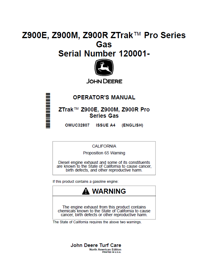 John Deere OMUC32807 Operator Manual: Z900E, Z900M, Z900R ZTrak