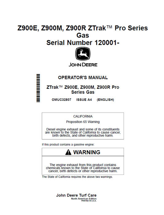 John Deere OMUC32807 Operator Manual: Z900E, Z900M, Z900R ZTrak