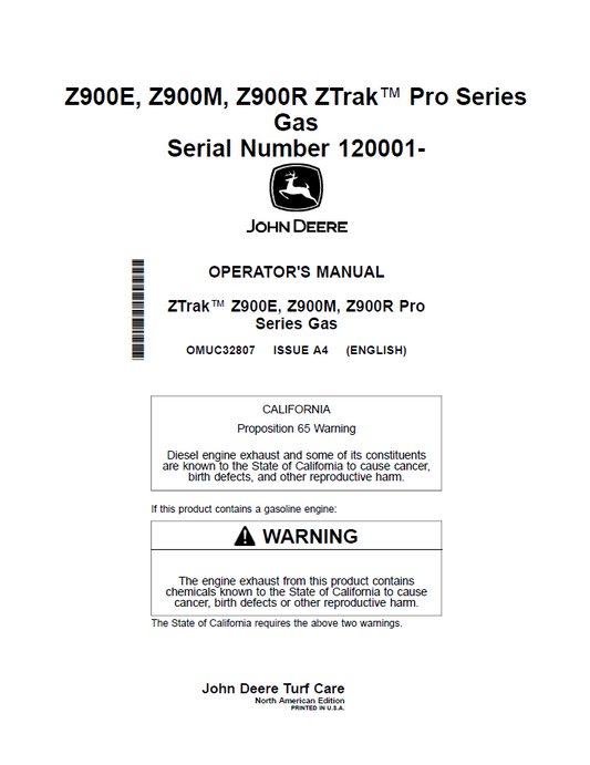 John Deere OMUC32807: Z900E Z900M Z900R Pro Series Manual
