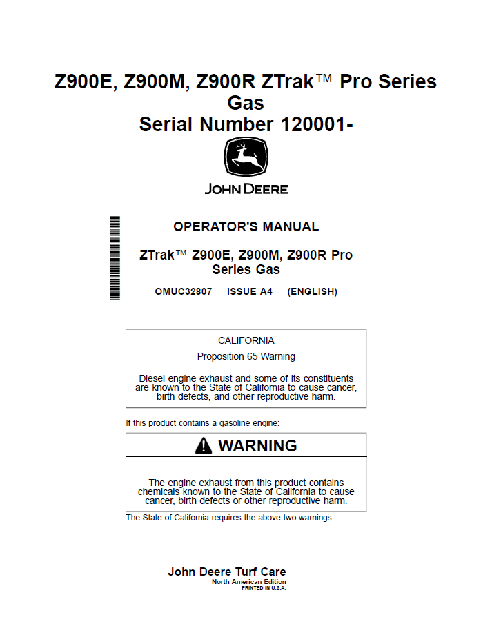 John Deere OMUC32807: Z900E, Z900M, Z900R ZTrak Pro Operator Guide