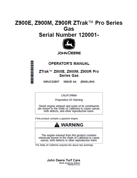 John Deere OMUC32807: ZTrak Pro Series Z900E-Z900R User Guide