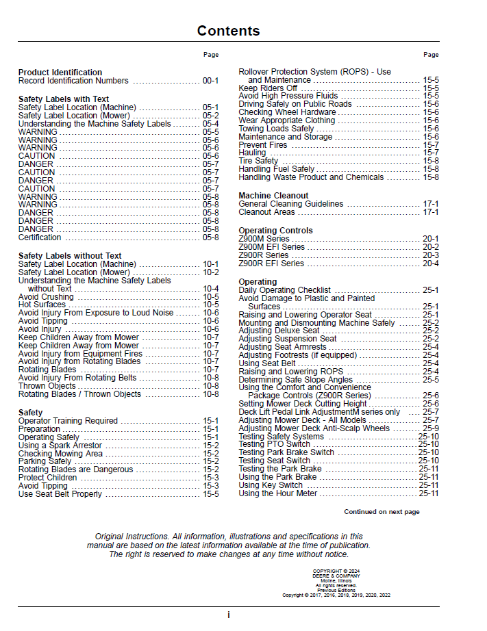 John Deere OMUC37498E: Z900M & Z900R Zero Turn Mower Operator Manual
