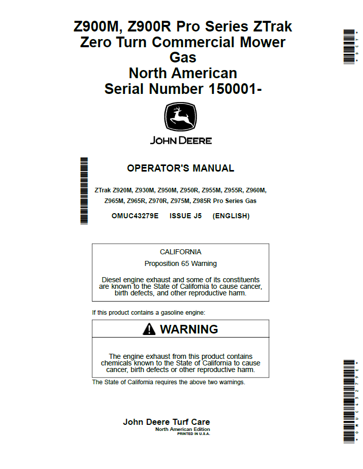 John Deere OMUC43279E Z900M Z900R Pro Series Operator Manual PDF