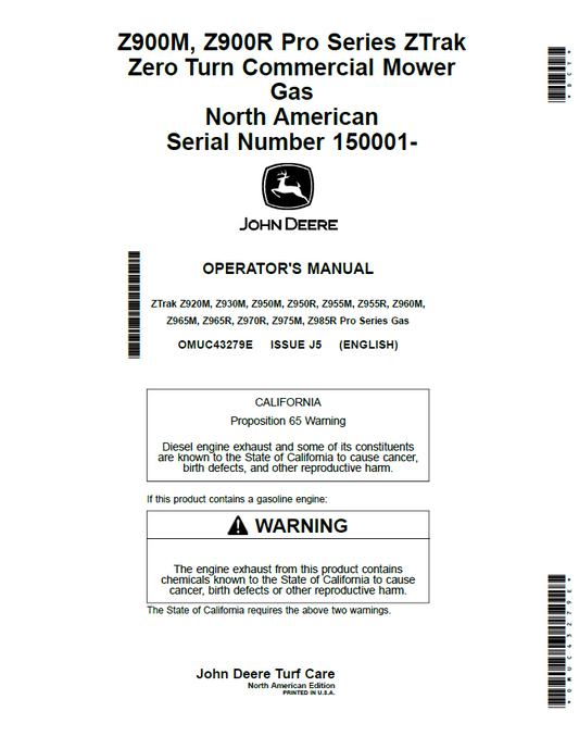John Deere OMUC43279E Z900M Z900R Pro Series Operator Manual PDF