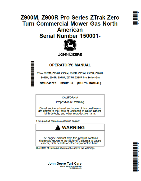 John Deere OMUC43279: Z900M and Z900R ZTrak Gas Mower Manual