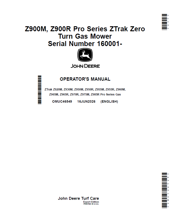 John Deere OMUC46549 Operator Manual: Z900M & Z900R Model