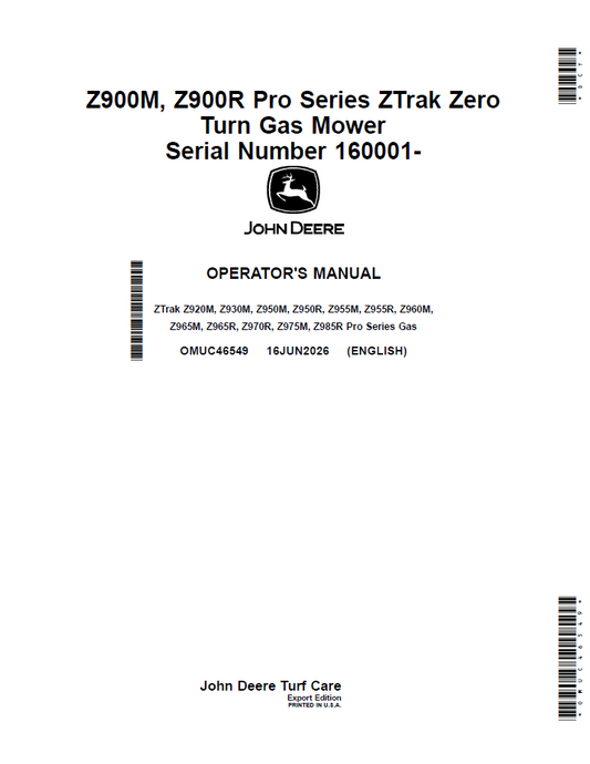 John Deere OMUC46549 Operator Manual: Z900M & Z900R Model