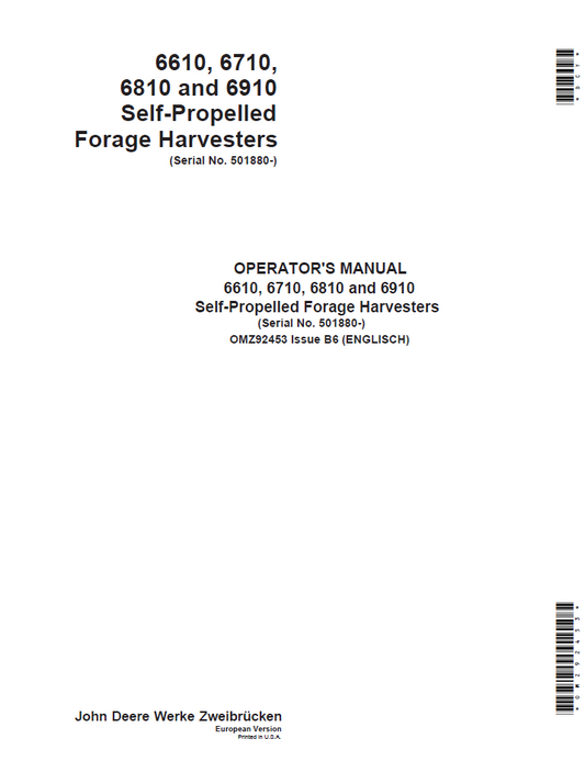 John Deere OMZ92453 6610–6910 Self-Propelled Forage Harvester Manual