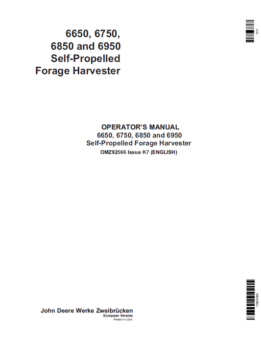 John Deere OMZ92566 6650–6950 Self-Propelled Forage Harvester Manual