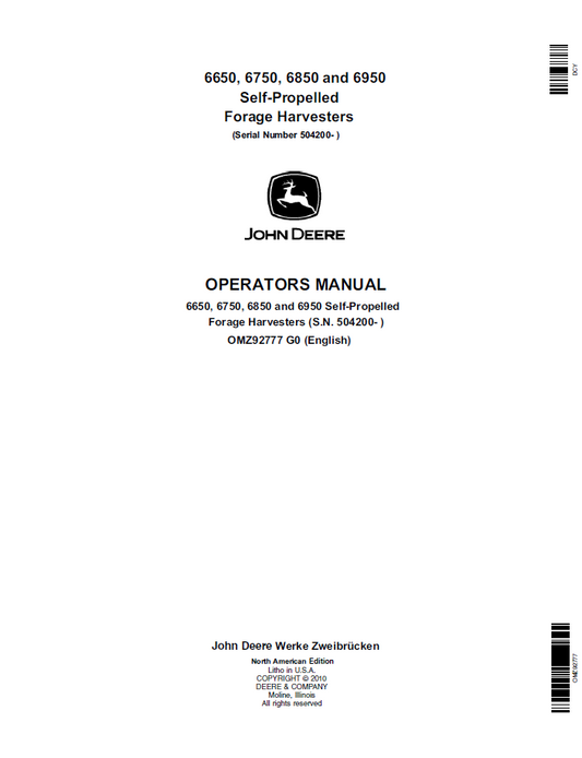 John Deere OMZ92777 6650–6950 Self-Propelled Forage Harvester Manual