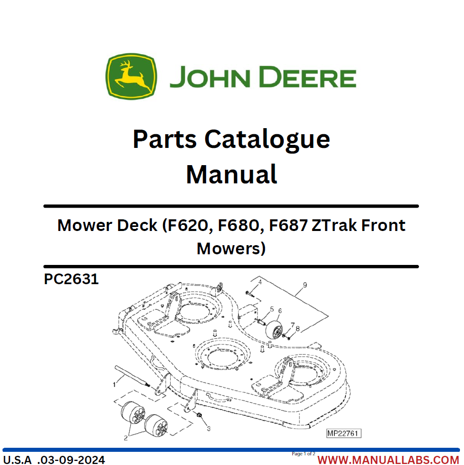 John Deere PC2631 F620 F680 F687 ZTrak Front Mower Parts Manual PDF