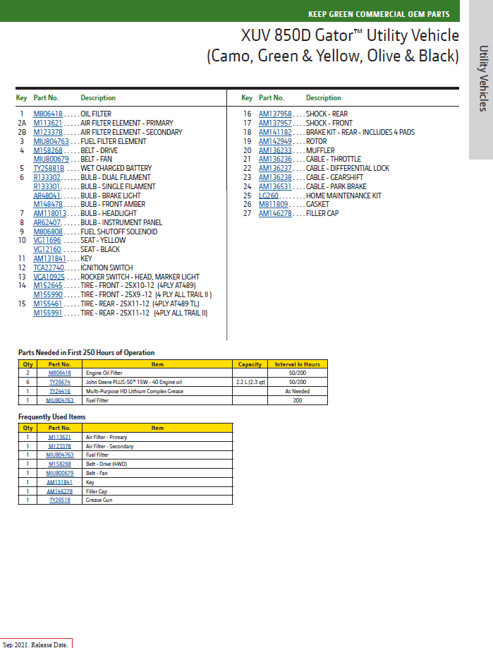 John Deere PC9619 XUV 850D Utility Vehicle Parts Manual