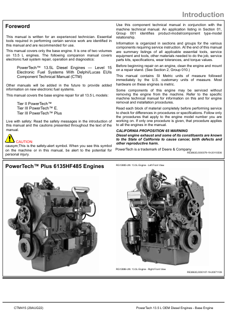 John Deere PowerTech™ 13.5L CTM415 OEM Diesel Engine Service Manual