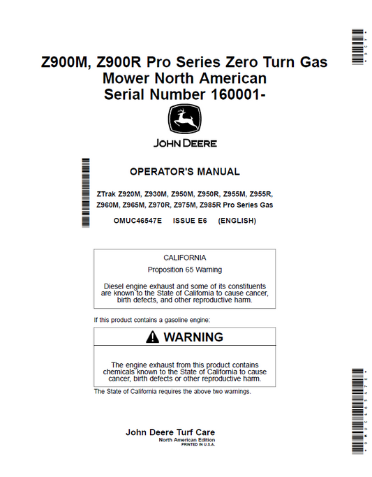 John Deere Pro Series ZTrak Zero Turn Operator Manual OMUC46547E