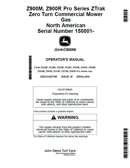 John Deere Pro ZTrak Commercial Gas Mower Manual OMUC43279E