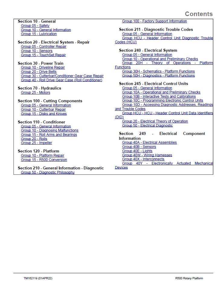 John Deere R500 Rotary Platform Workshop Manual TM162119 PDF