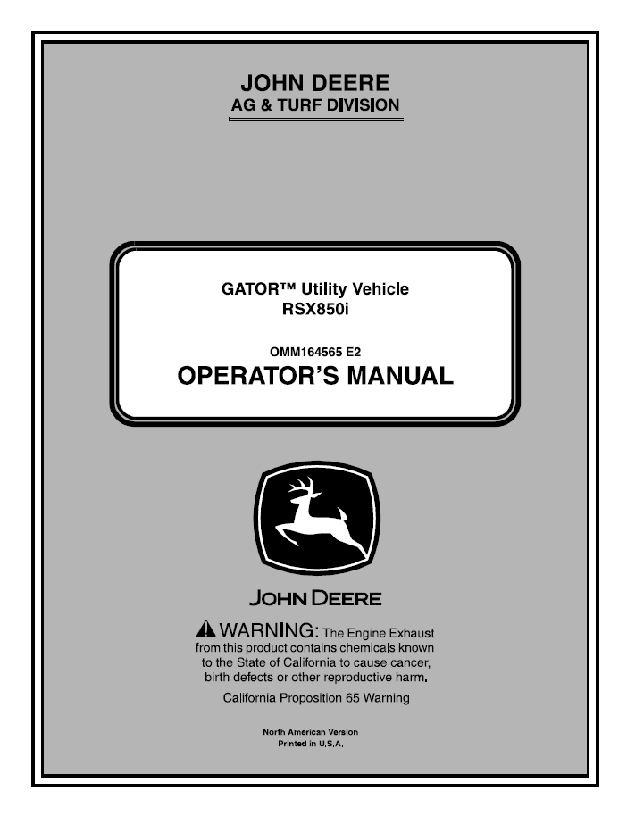 John Deere RSX850i Gator Utility Vehicle Operator Manual OMM164565 PDF