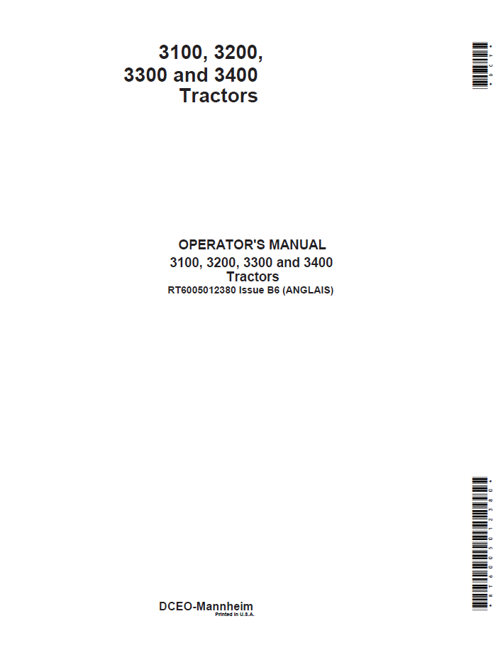 John Deere RT6005012380 3100 3200 3300 3400 Tractor Operator Manual