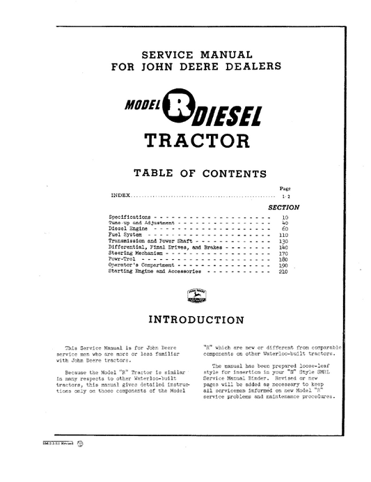 John Deere R Diesel Tractor Technical Workshop Manual SM2005