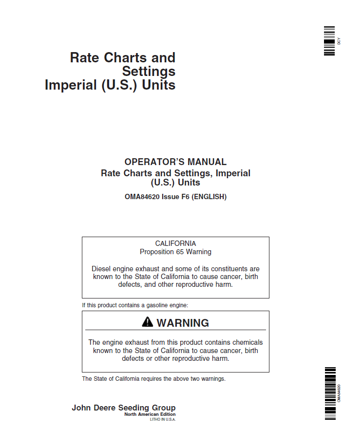 John Deere Rate Charts & Settings Imperial Units OMA84620 Operator Manual PDF