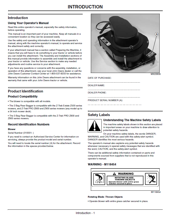 John Deere Rear Bagger 2 & 3 Bag Collection System Operator Guide OMTCU24344