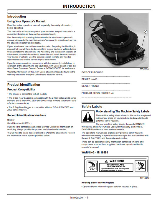 John Deere Rear Bagger 2 & 3 Bag Collection System Operator Guide OMTCU24344