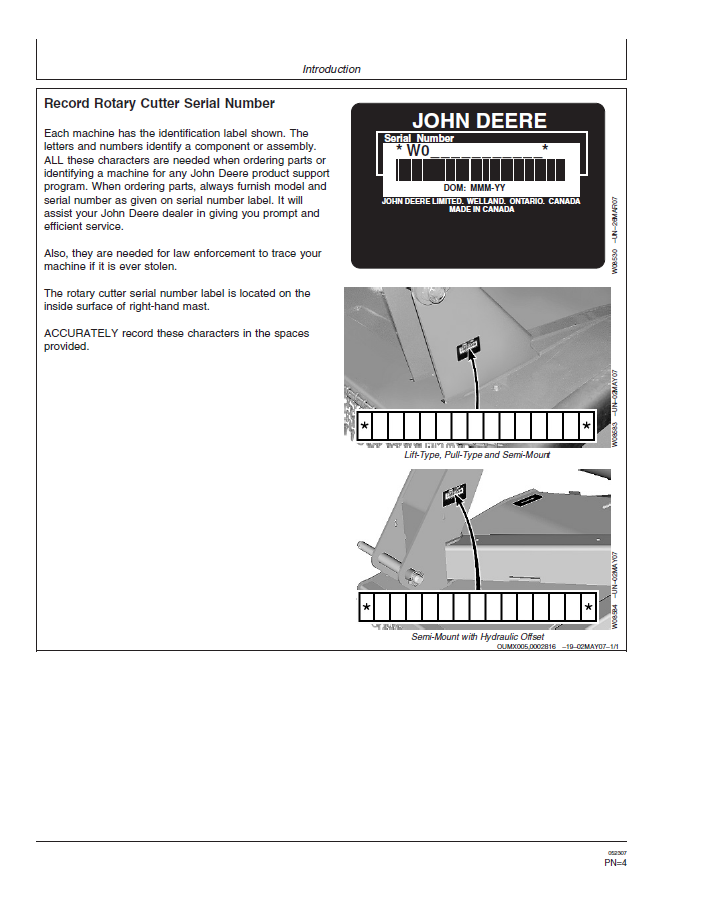 John Deere Rotary Cutter MX8 & MX10 OMW52470 Maintenance Book