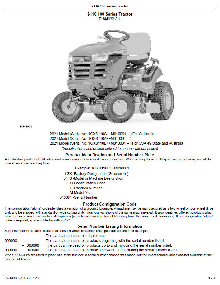 John Deere S110 100 Series Riding Tractor Complete Parts Guide