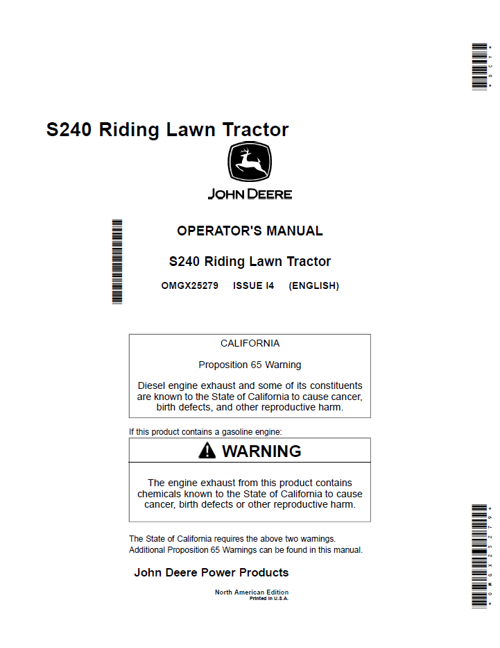 John Deere S240 Riding Lawn Tractor Operator Manual (OMGX25279)