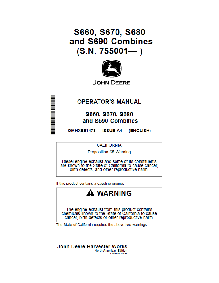 John Deere S660, S670, S680 and S690 Combine Operator Manual (OMHXE51478)