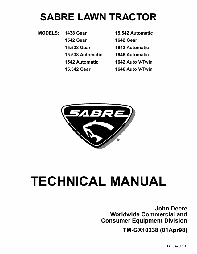 John Deere Sabre Lawn Tractor 1438 Gear - 1646 Auto V-Twin Manual TMGX10238