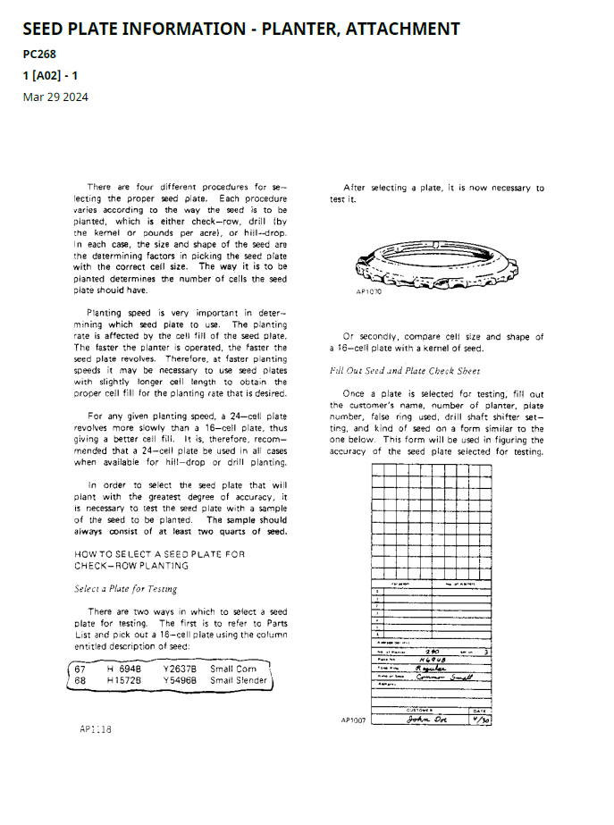 John Deere Seed Plate Components Parts Manual PC268 Technical Guide