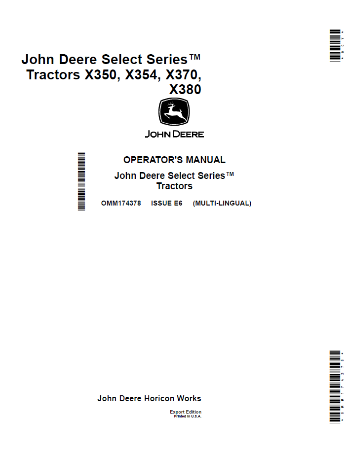 John Deere Select Series X350 X354 X370 X380 Tractor Operator Manual (OMM174378)
